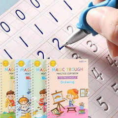 4 PC Reusable Grooved Writing Books for Kids, Magic Copy Books,Reusable Handle
