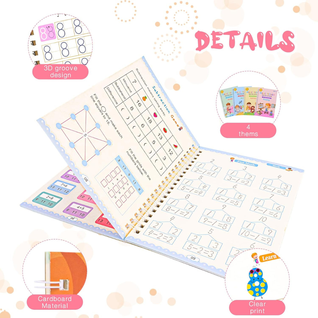 4 PC Reusable Grooved Writing Books for Kids, Magic Copy Books,Reusable Handle