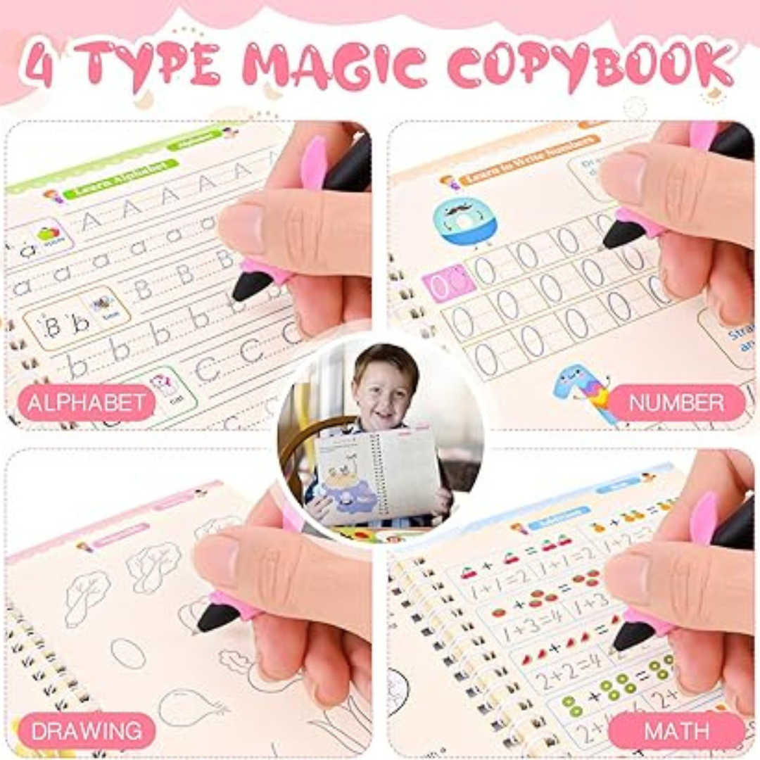 4 PC Reusable Grooved Writing Books for Kids, Magic Copy Books,Reusable Handle
