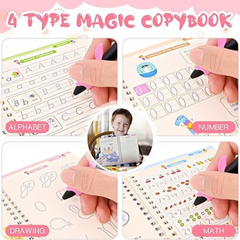 4 PC Reusable Grooved Writing Books for Kids, Magic Copy Books,Reusable Handle