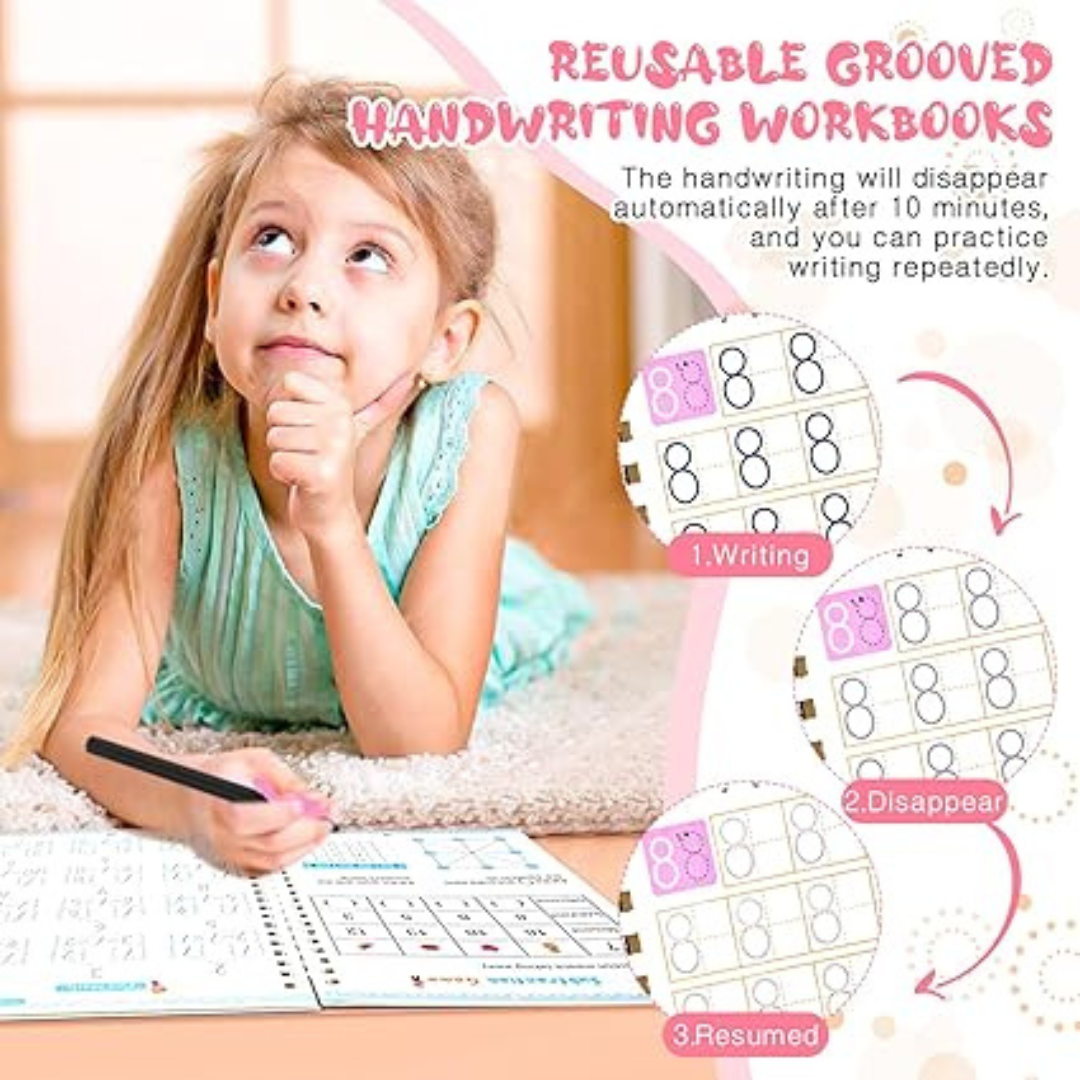 4 PC Reusable Grooved Writing Books for Kids, Magic Copy Books,Reusable Handle