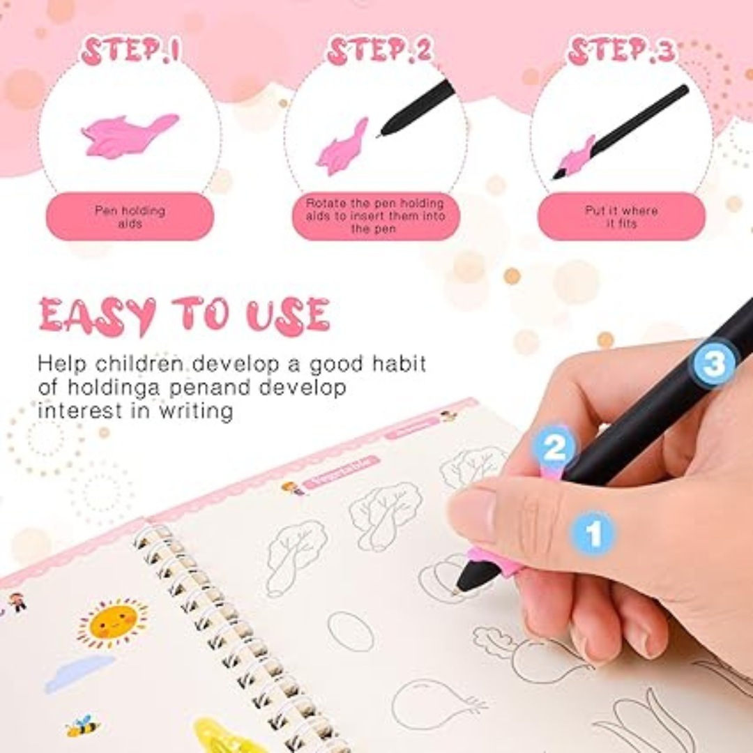 4 PC Reusable Grooved Writing Books for Kids, Magic Copy Books,Reusable Handle