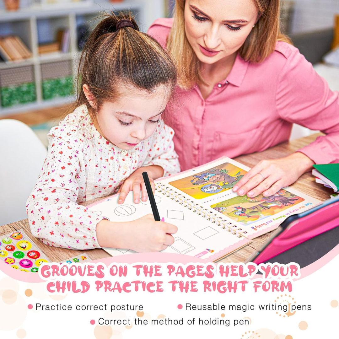 4 PC Reusable Grooved Writing Books for Kids, Magic Copy Books,Reusable Handle