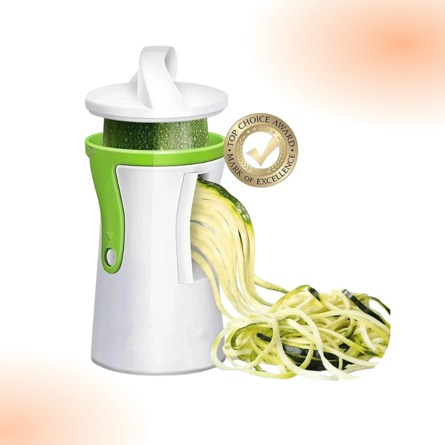Vegetable spiralizer with a top choice award on a gradient background